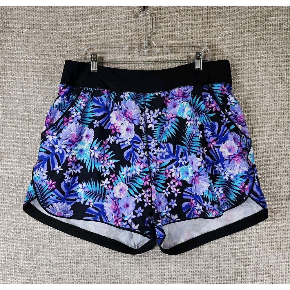Lands' End Black Floral Swim Shorts with Blue & Purple Print